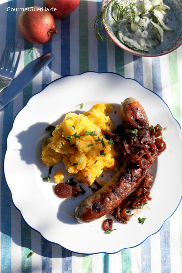 Pumpkin and apple potato mash with sausage and cucumber salad #recipe #gourmet guerrilla