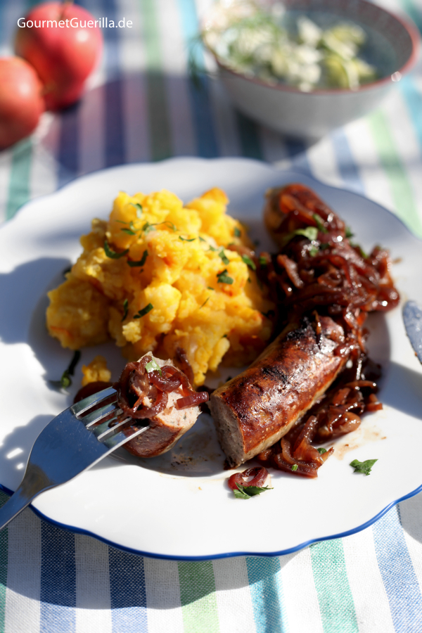 Pumpkin Apple Potato Stew with Bratwurst and Cucumber Salad #recipe #gourmetguerilla 